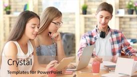  Presentation with students - Cool new PPT theme with library cafe - young students studying indoors backdrop and a coral colored foreground