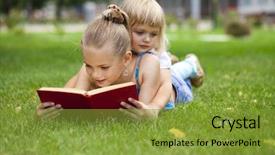  Presentation with child girl reading a book - Slide deck enhanced with free library - portrait of beautiful happy little background and a  colored foreground