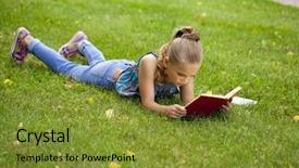  Presentation with child girl reading a book - Presentation design consisting of beautiful happy little girl reading background and a gold colored foreground