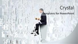  Presentation with book - Amazing PPT theme having free library - young businessman sitting on exclamation backdrop and a  colored foreground