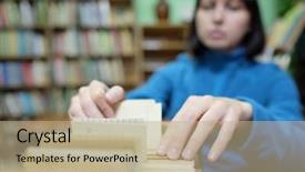  Presentation with library orientation - PPT theme featuring library orientation - librarian woman searches something background and a coral colored foreground