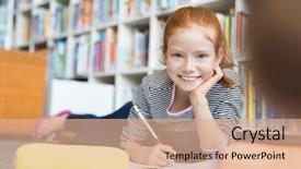  Presentation with writing - PPT theme with library portrait of happy school background and a coral colored foreground