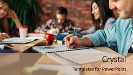  Presentation with students - Audience pleasing slide deck consisting of library research project - group of students studying backdrop and a coral colored foreground