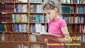  Presentation with naughty girl is standing - Presentation enhanced with library room with bookshelves read background and a tawny brown colored foreground