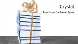  Presentation with tan book stack stacks of books - Slide set with library rules - stack of books with ribbon background and a  colored foreground