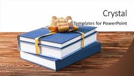  Presentation with tan book stack stacks of books - Colorful presentation design enhanced with library rules - stack of books with ribbon backdrop and a  colored foreground