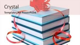  Presentation with gift ribbon - Cool new slide set with library rules - stack of books with ribbon backdrop and a  colored foreground