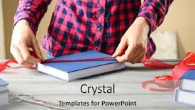  Presentation with book curved into heart - Presentation design having library rules - woman decorating book with ribbon background and a  colored foreground