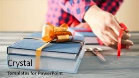  Presentation with gift ribbon - Colorful presentation theme enhanced with library rules - woman decorating book with ribbon backdrop and a  colored foreground