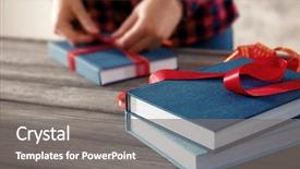  Presentation with book holy bible table - Slide set having library rules - woman decorating book with ribbon background and a  colored foreground