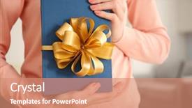  Presentation with gift ribbon - PPT theme featuring library rules - woman holding book with ribbon background and a coral colored foreground