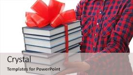  Presentation with stack books - Cool new slide deck with library rules - woman holding stack of books backdrop and a  colored foreground