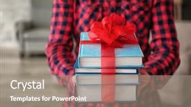 Presentation with stack books - Cool new PPT layouts with library rules - woman holding stack of books backdrop and a  colored foreground