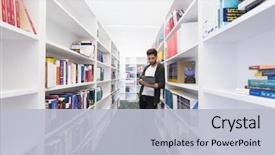  Presentation with archive management - Amazing PPT layouts having library with tablet computer database backdrop and a light blue colored foreground