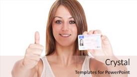  Presentation with drivers - PPT layouts enhanced with licences - attractive young woman proudly showing background and a coral colored foreground