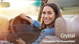  Presentation with wheel - PPT layouts with licences - happy woman holding steering wheel background and a violet colored foreground