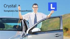  Presentation with road safety young drivers - Presentation theme with licences - happy young man posing near background and a light blue colored foreground