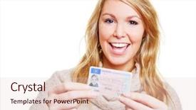  Presentation with driving - Theme with licences - happy young woman showing proudly background and a lemonade colored foreground