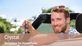  Presentation with car rental - PPT theme having licences - man driving rental car showing background and a coral colored foreground
