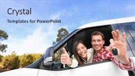  Presentation with young happy couple - Amazing presentation design having licences - new car - happy couple backdrop and a light blue colored foreground