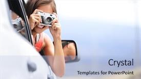  Presentation with car picture - Presentation design with licences - woman tourist taking photo background and a light blue colored foreground