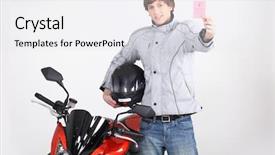  Presentation with motorbike - PPT theme featuring licences - young person with motorbike license background and a white colored foreground