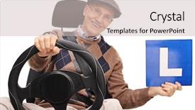  Presentation with seat belt in car safety - Cool new slides with cheerful senior gentleman holding an l-sign seated on a car seat isolated on white background backdrop and a soft green colored foreground