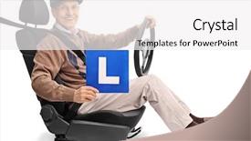  Presentation with car seat - PPT theme featuring cheerful senior holding an l-sign and holding a steering wheel seated on a car seat isolated on white background background and a white colored foreground