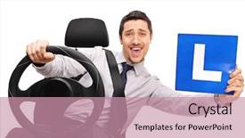  Presentation with driver - PPT layouts enhanced with license plate - confident young driver holding background and a coral colored foreground