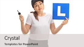  Presentation with teen girl - PPT theme having license plate - confused teen girl holding background and a light gray colored foreground