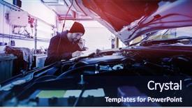  Presentation with garage car - Audience pleasing slide deck consisting of engineering seating - mechanic watching the car engine backdrop and a navy blue colored foreground