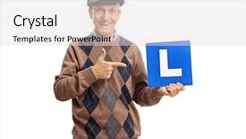  Presentation with deaf dumb sign language used - Theme featuring licences - senior holding an l-sign background and a light gray colored foreground