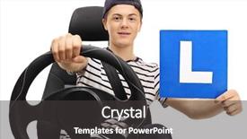  Presentation with driving - Beautiful PPT theme featuring teenage boy driving and showing an l-sign isolated on white background backdrop and a dark gray colored foreground