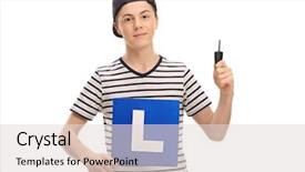  Presentation with car key - Cool new PPT theme with teenage boy holding an l-sign and a car key isolated on white background backdrop and a lemonade colored foreground
