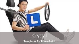  Presentation with seat belt in car safety - Amazing presentation theme having teenage driver in a car seat showing an l-sign isolated on white background backdrop and a gray colored foreground