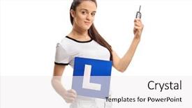  Presentation with car key - PPT layouts featuring teenage girl holding a car key and an l-sign isolated on white background background and a white colored foreground