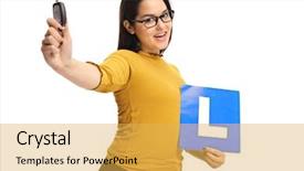  Presentation with car key - PPT theme featuring license plate - teenage girl holding a car background and a yellow colored foreground