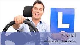  Presentation with car seat - Slide deck featuring driver training - young man pretending to drive background and a teal colored foreground