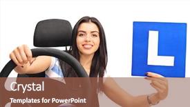  Presentation with car seat - Beautiful PPT theme featuring young woman holding a steering wheel and an l-sign seated on a car seat isolated on white background backdrop and a tawny brown colored foreground
