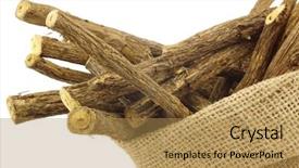  Presentation with root - Cool new slide set with licorice root sticks in a burlap bag on white background backdrop and a gold colored foreground