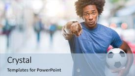  Presentation with american football - Beautiful presentation theme featuring lider - afro american man holding football backdrop and a light blue colored foreground