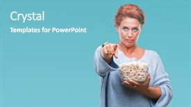  Presentation with senior heands - Slide set with lider - atrractive senior caucasian redhead woman background and a light blue colored foreground