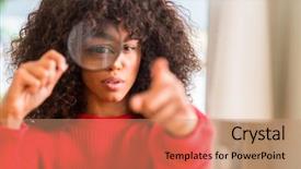  Presentation with looking glass - Audience pleasing slide deck consisting of lider - curious african american woman looking backdrop and a coral colored foreground
