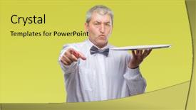  Presentation with banquet server hand tray - Beautiful PPT theme featuring lider - handsome senior waiter man holding backdrop and a yellow colored foreground