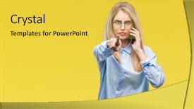  Presentation with finger - Colorful presentation theme enhanced with lider - young beautiful blonde business woman backdrop and a yellow colored foreground