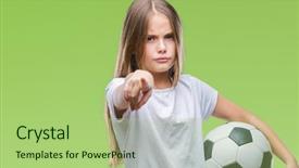  Presentation with soccer coaching - Colorful presentation design enhanced with lider - young beautiful girl holding soccer backdrop and a mint green colored foreground