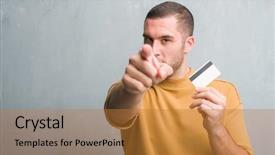  Presentation with cyber credit card crime - Slides with lider - young caucasian man over grey background and a gold colored foreground