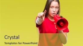  Presentation with yelling - Beautiful slide deck featuring lider - young caucasian woman yelling backdrop and a yellow colored foreground