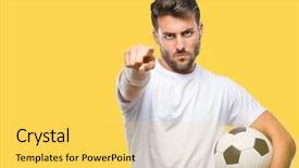  Presentation with soccer - Cool new theme with lider - young handsome man holding soccer backdrop and a yellow colored foreground