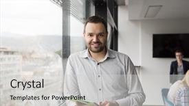  Presentation with using digital tablet - Slides with lideran - businessman using digital tablet background and a light gray colored foreground